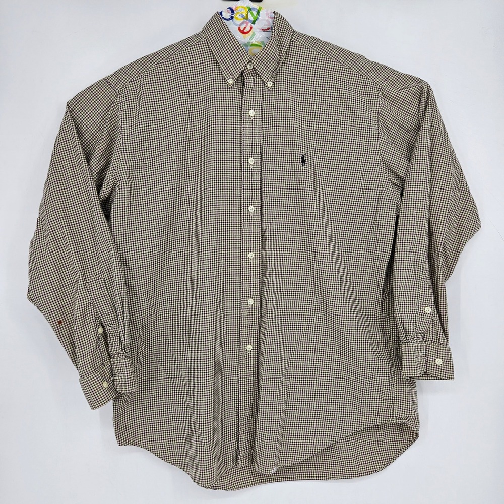 Vintage Polo Ralph Lauren Shirt Mens Large Button Up Blake Brown Plaid FLAWS